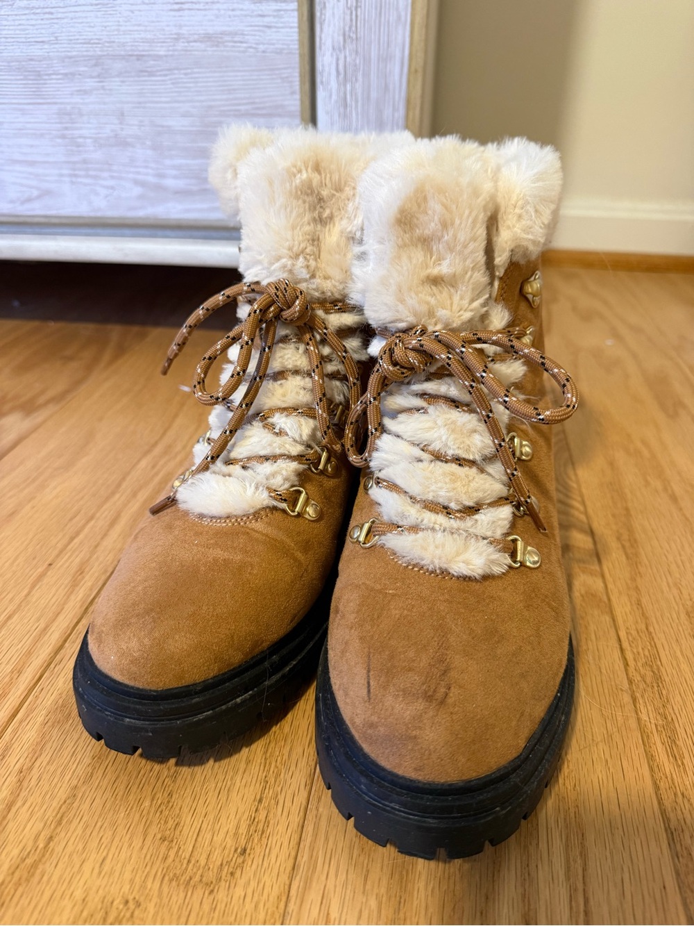 J. Crew Factory Tan Suede Faux-Fur Lace-Up Combat Boots